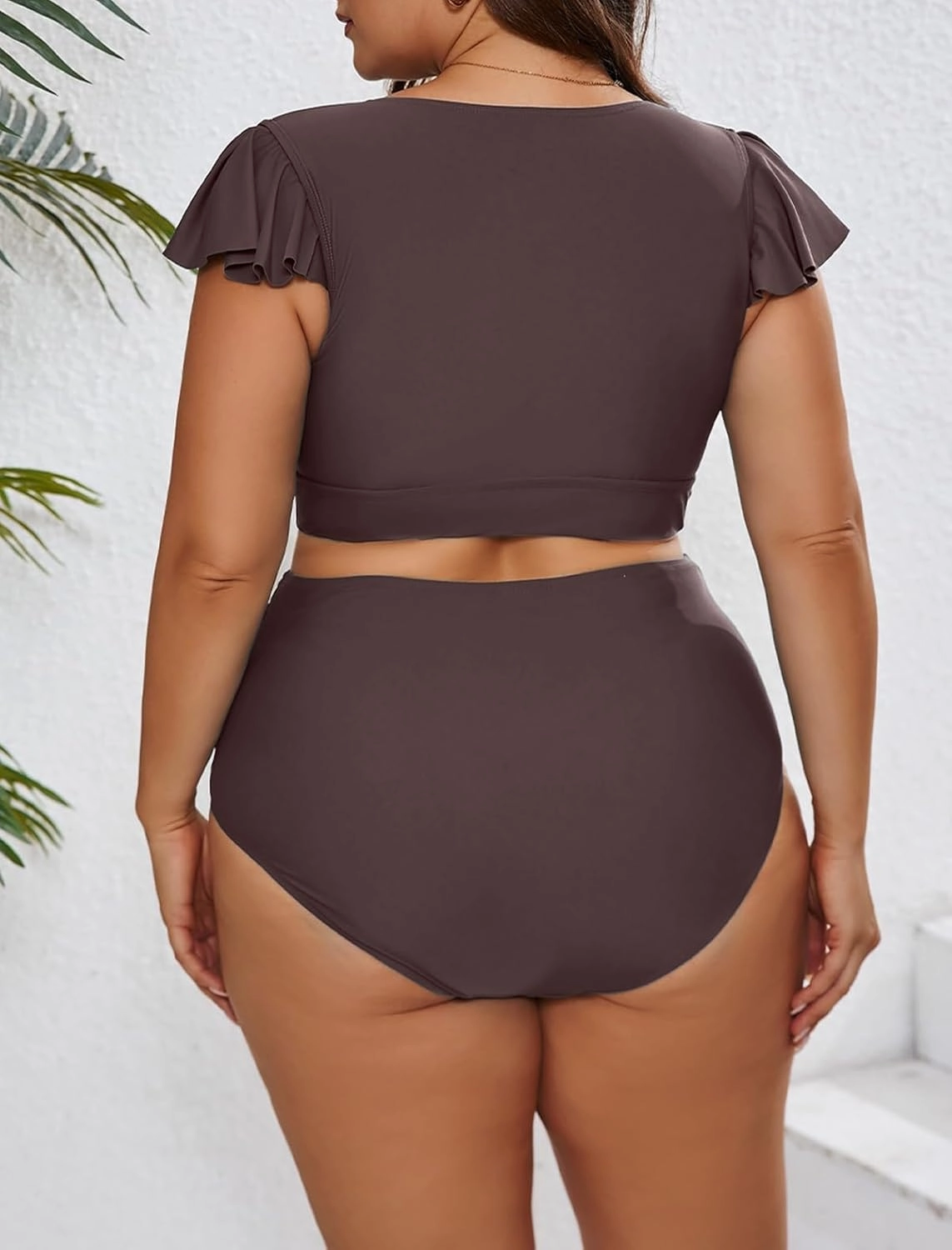 Eytino Womens Plus Size Two Piece Bikini Swimsuit Ruffle Sleeve High Waisted Tummy Control Bathing Suits Swimwear(1X-5X)