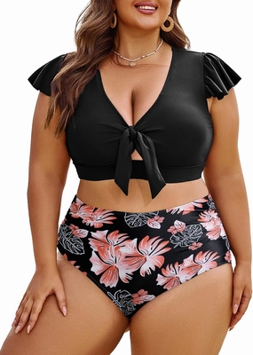 Eytino Womens Plus Size Two Piece Bikini Swimsuit Ruffle Sleeve High Waisted Tummy Control Bathing Suits Swimwear(1X-5X)