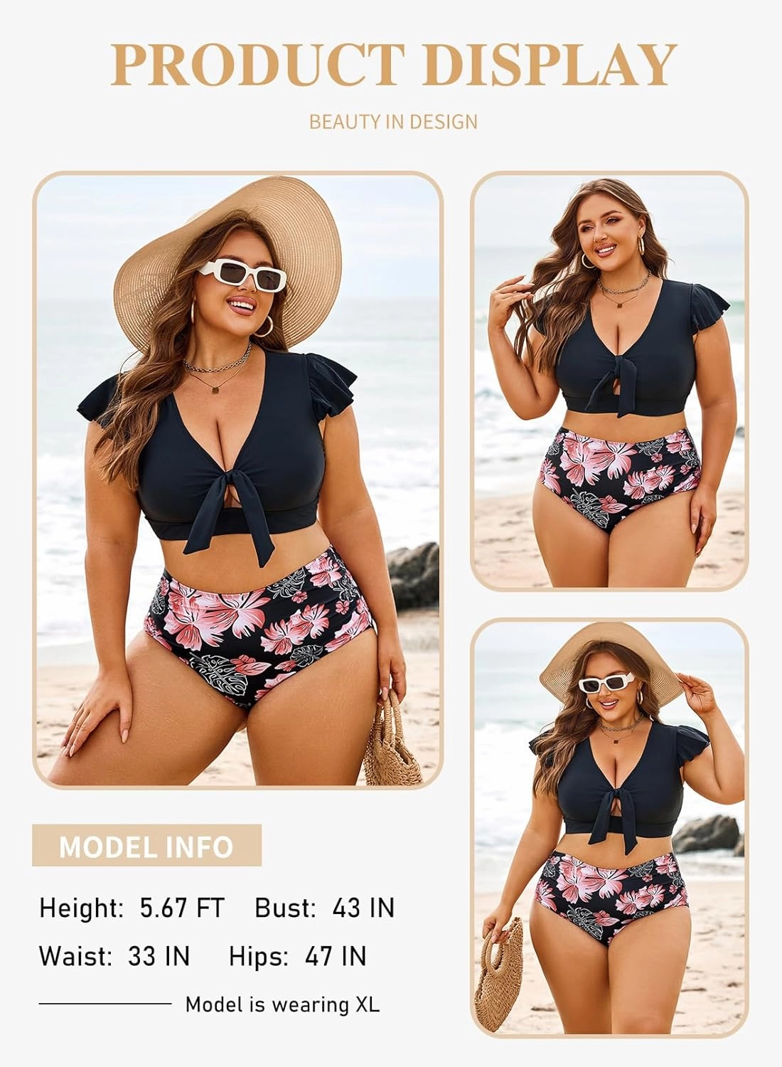 Eytino Womens Plus Size Two Piece Bikini Swimsuit Ruffle Sleeve High Waisted Tummy Control Bathing Suits Swimwear(1X-5X)