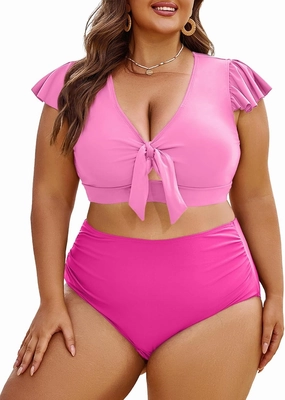 Eytino Womens Plus Size Two Piece Bikini Swimsuit Ruffle Sleeve High Waisted Tummy Control Bathing Suits Swimwear(1X-5X)