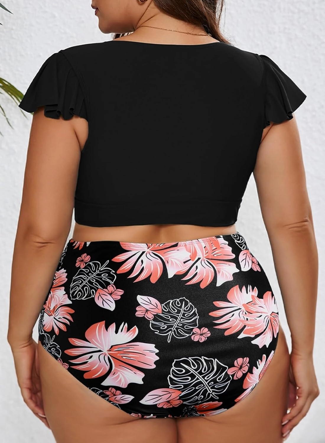 Eytino Womens Plus Size Two Piece Bikini Swimsuit Ruffle Sleeve High Waisted Tummy Control Bathing Suits Swimwear(1X-5X)
