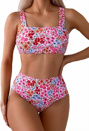 Fanuerg Women's High Waisted Bikini Sets Wide Straps Two Piece Swimsuit Floral Print Bathing Suits