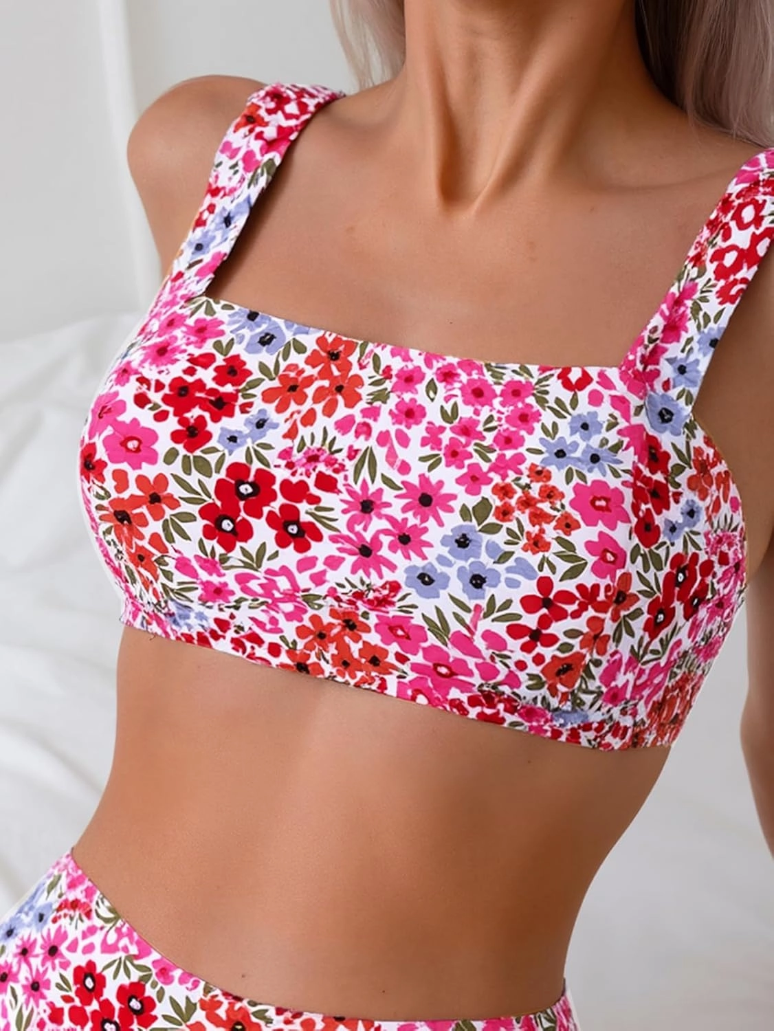 Fanuerg Women's High Waisted Bikini Sets Wide Straps Two Piece Swimsuit Floral Print Bathing Suits