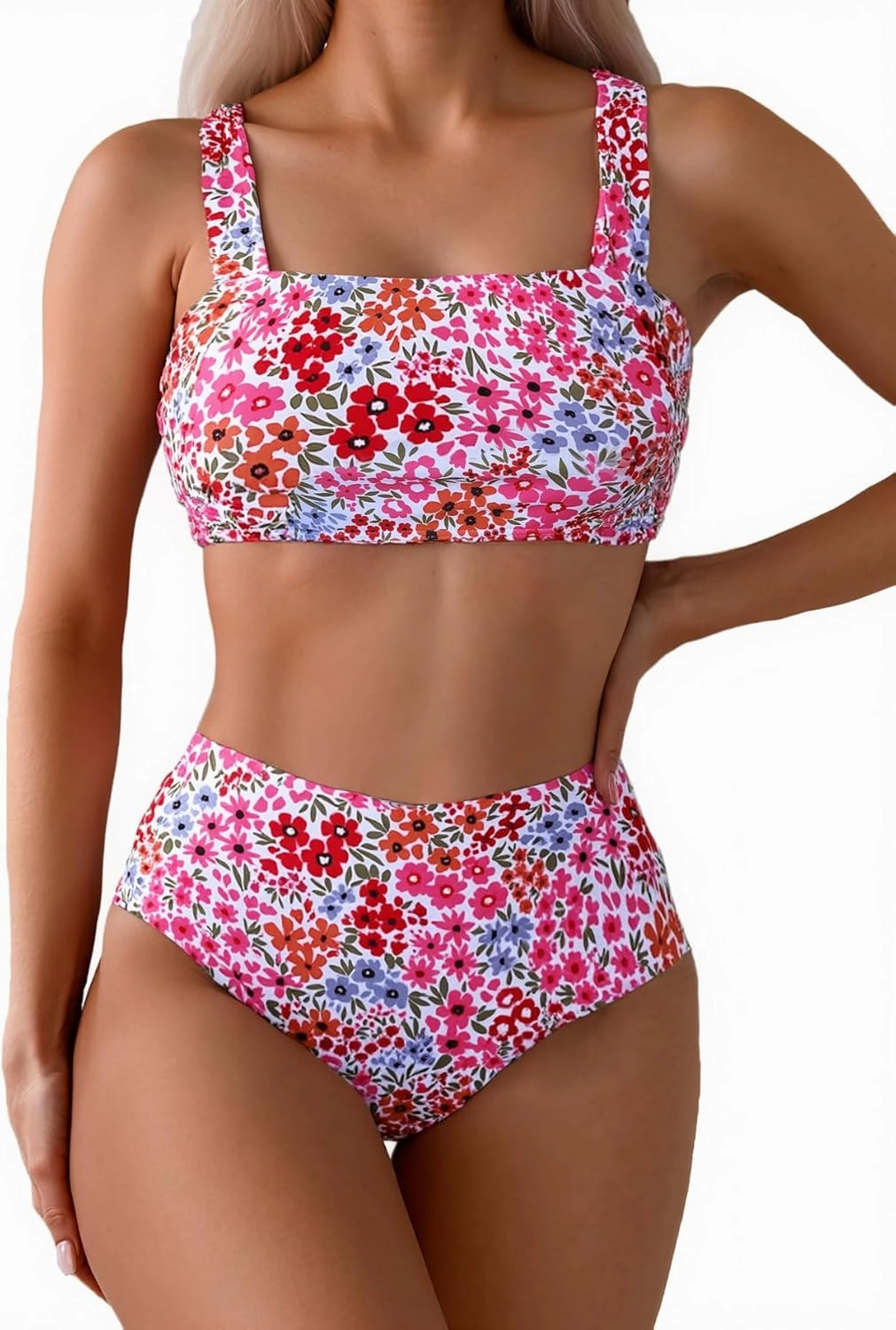 Fanuerg Women's High Waisted Bikini Sets Wide Straps Two Piece Swimsuit Floral Print Bathing Suits