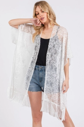 FASHNZFAB Flower Pattern Crochet Lace Tassel Cover Up