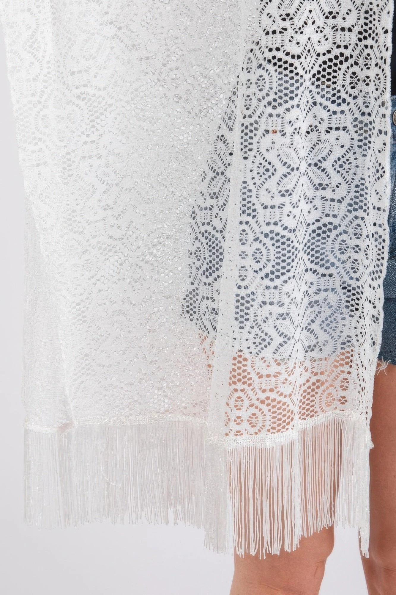 FASHNZFAB Flower Pattern Crochet Lace Tassel Cover Up