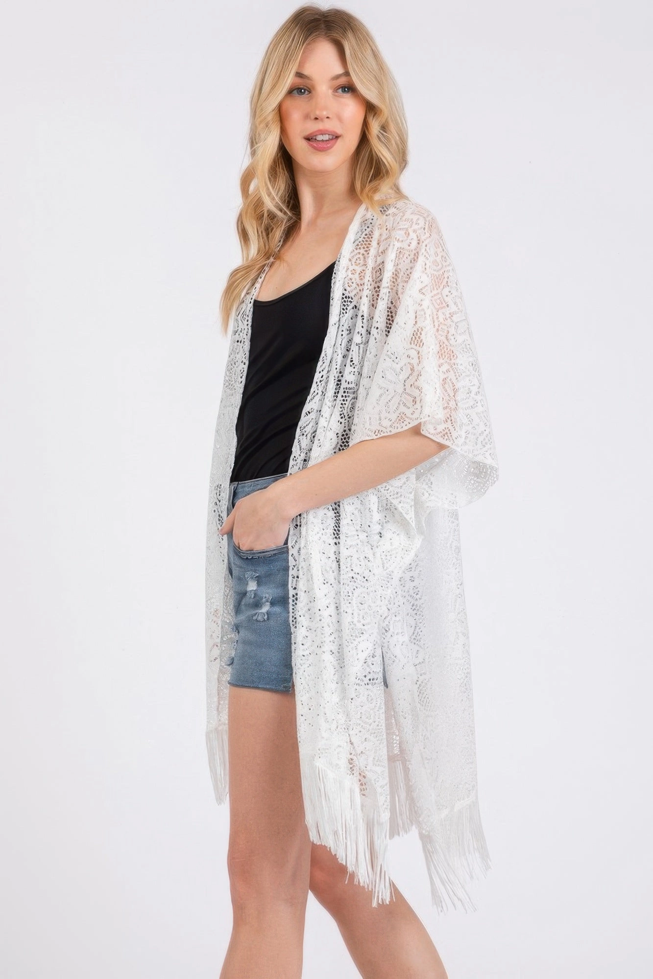 FASHNZFAB Flower Pattern Crochet Lace Tassel Cover Up