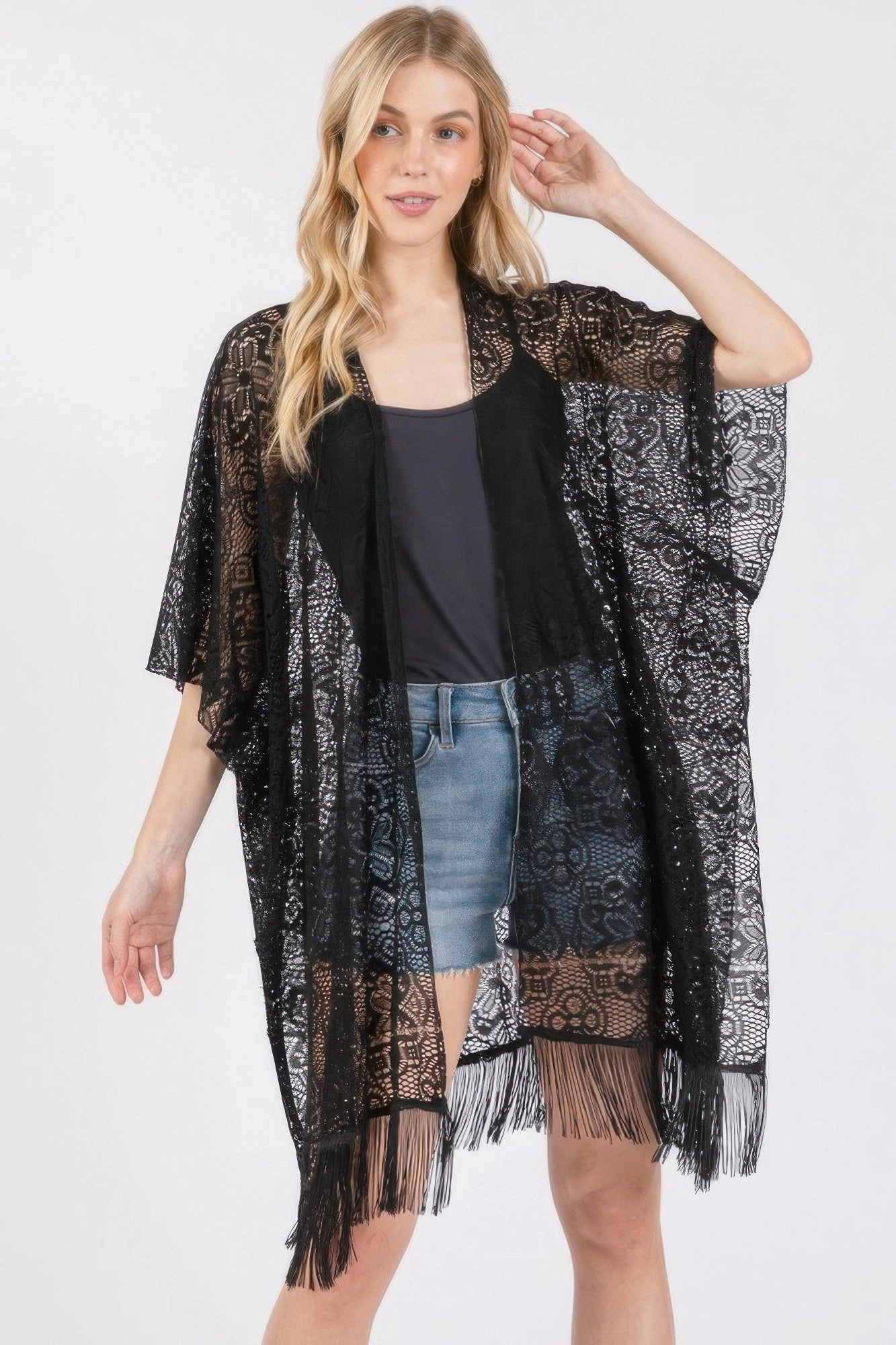 FASHNZFAB Flower Pattern Crochet Lace Tassel Cover Up