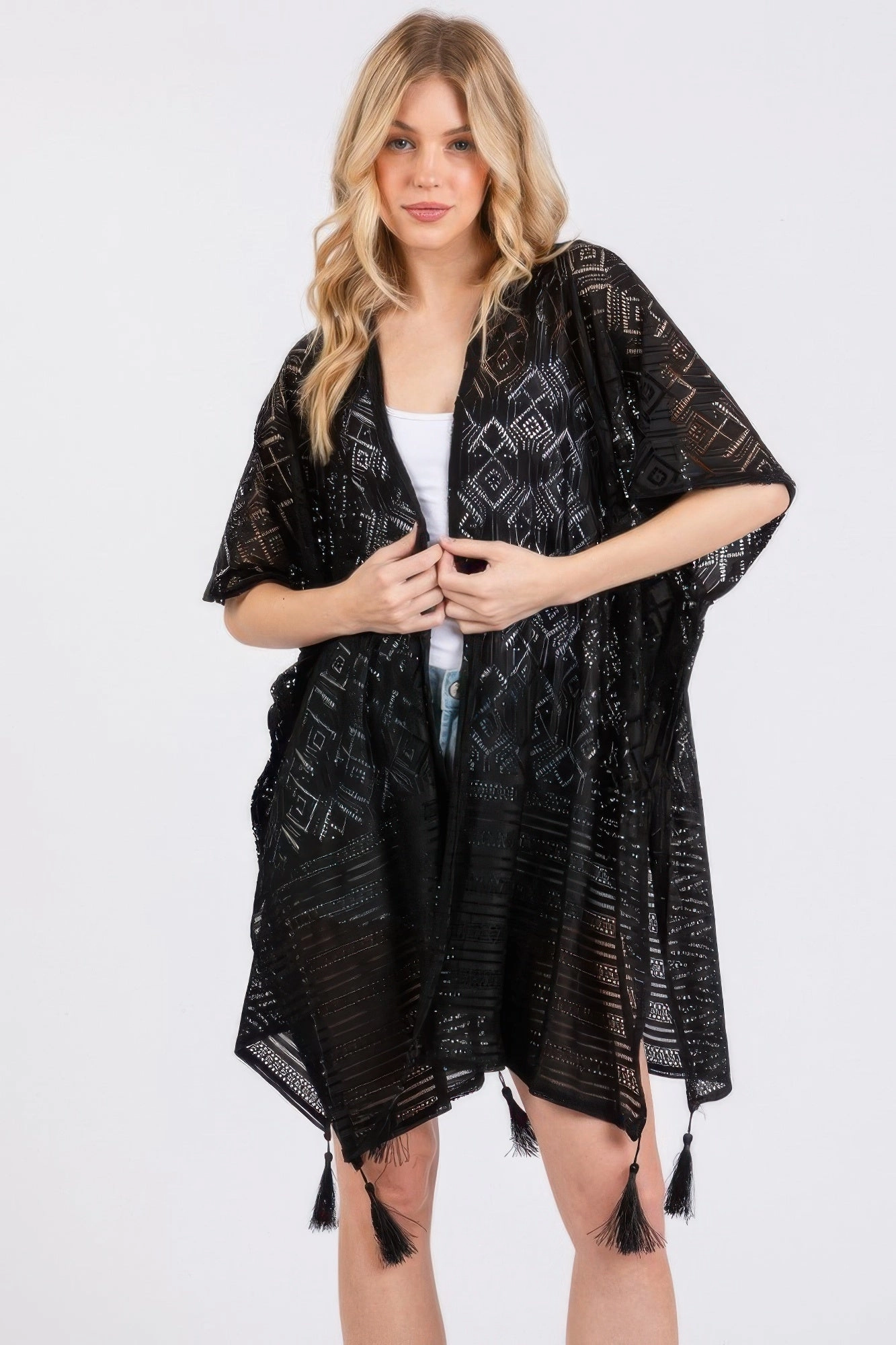 FASHNZFAB Geometric Pattern Tassel Cover Up