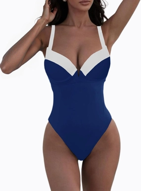Fisoew Women One Piece Tummy Control Swimsuits Retro Slimming Colorblock Back Tie Vintage Bathing Suits