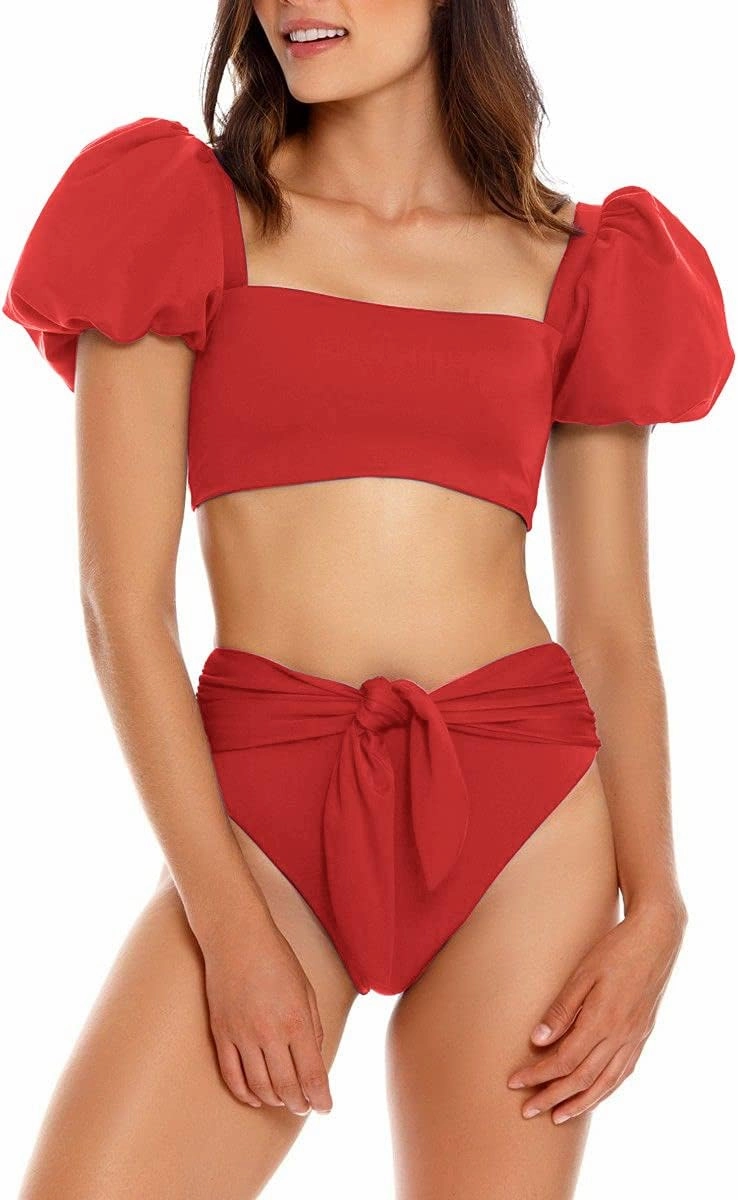 Fisoew Women's High Waist Bikini Sets Tie Knot Tummy Control Swimwear 2 Piece Swimsuits