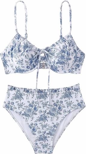 Floerns Women's 2 Piece Bikini Set Floral Tie Front High Waisted Bathing Suit