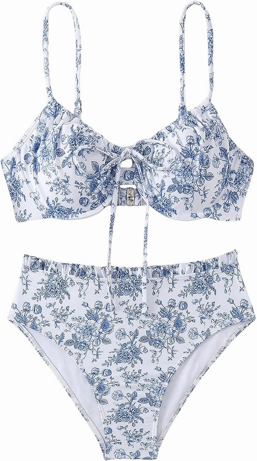 Floerns Women's 2 Piece Bikini Set Floral Tie Front High Waisted Bathing Suit