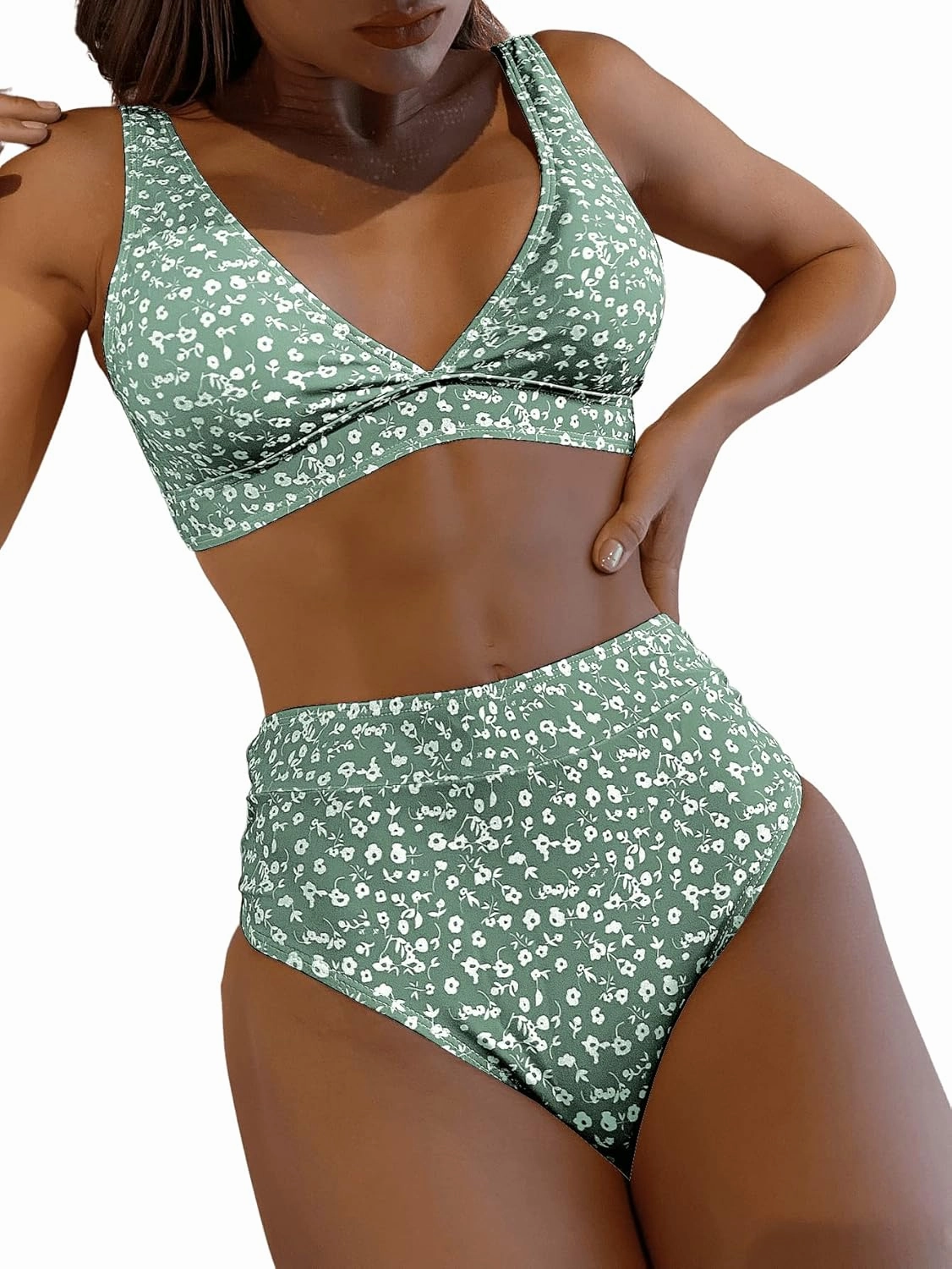 Floerns Women's High Waist Bikini Swimsuit Floral Print V Neck Bathing Suit