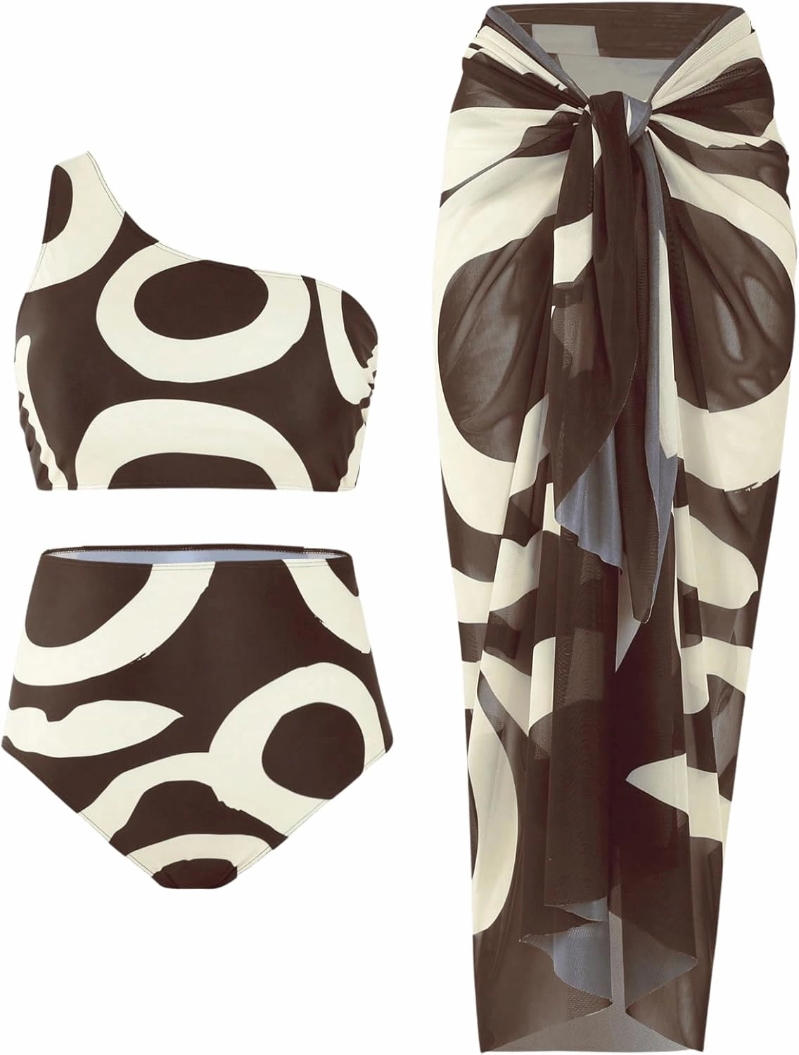 Floerns Women's Plus Size 3 Piece Bathing Suit One Shoulder Bikini Set with Cover Up
