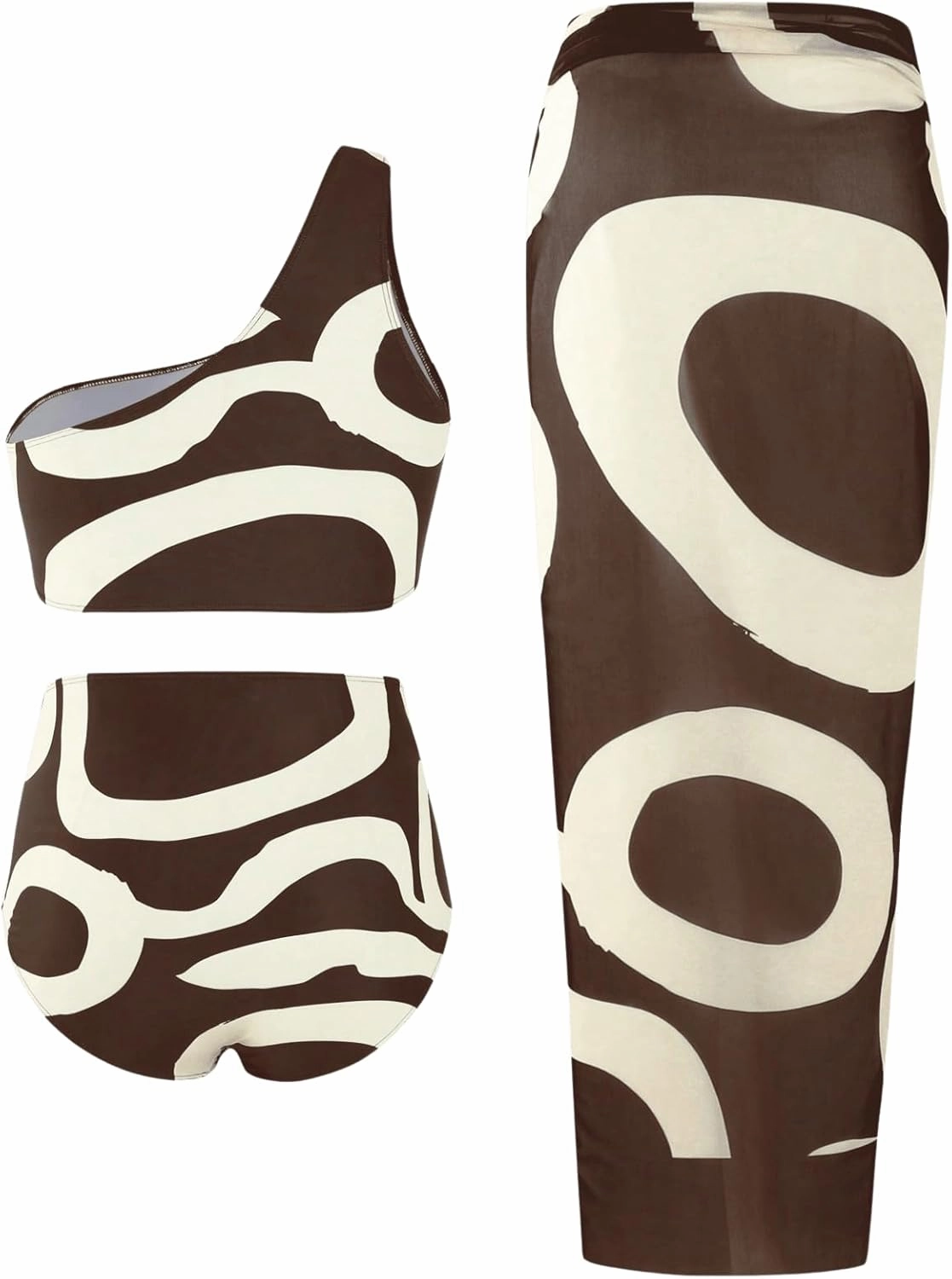 Floerns Women's Plus Size 3 Piece Bathing Suit One Shoulder Bikini Set with Cover Up