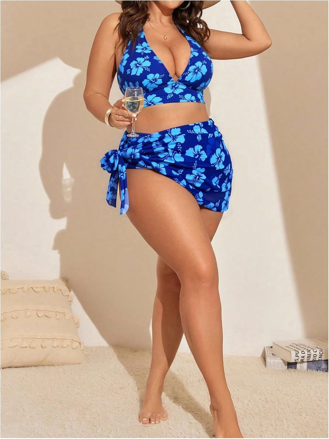 Floerns Women's Plus Size 3 Piece Swimsuit Cheetah Print Halter Bikini Set with Cover Up Skirt