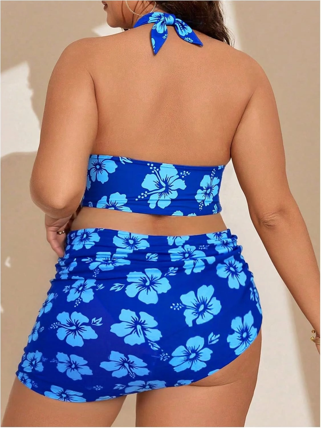 Floerns Women's Plus Size 3 Piece Swimsuit Cheetah Print Halter Bikini Set with Cover Up Skirt