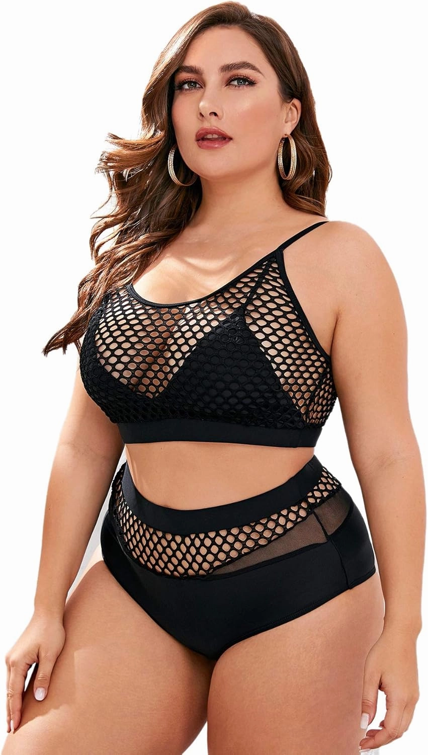 Floerns Women's Plus Size Bathing Suit Fishnet High Waist Bikini Set Rave Outfit