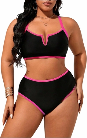 Floerns Women's Plus Size Bikini Set V Wired Contrast Binding High Waist Beachwear