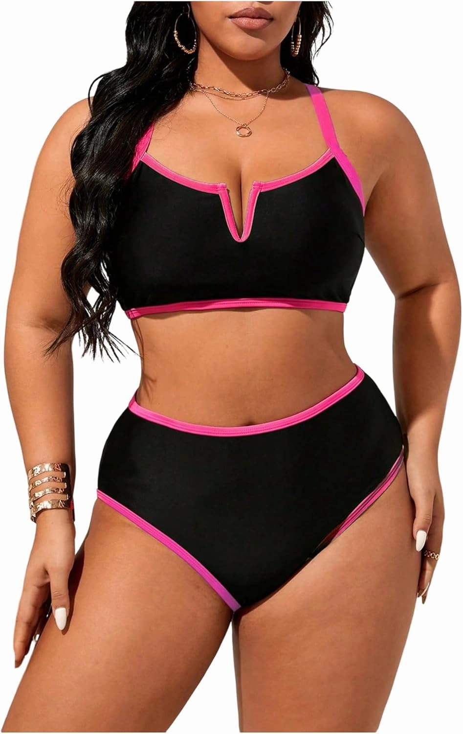Floerns Women's Plus Size Bikini Set V Wired Contrast Binding High Waist Beachwear