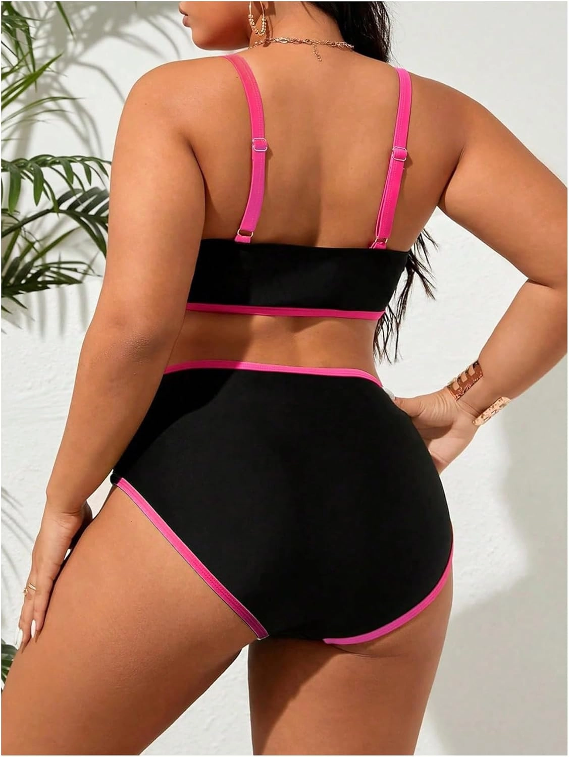 Floerns Women's Plus Size Bikini Set V Wired Contrast Binding High Waist Beachwear