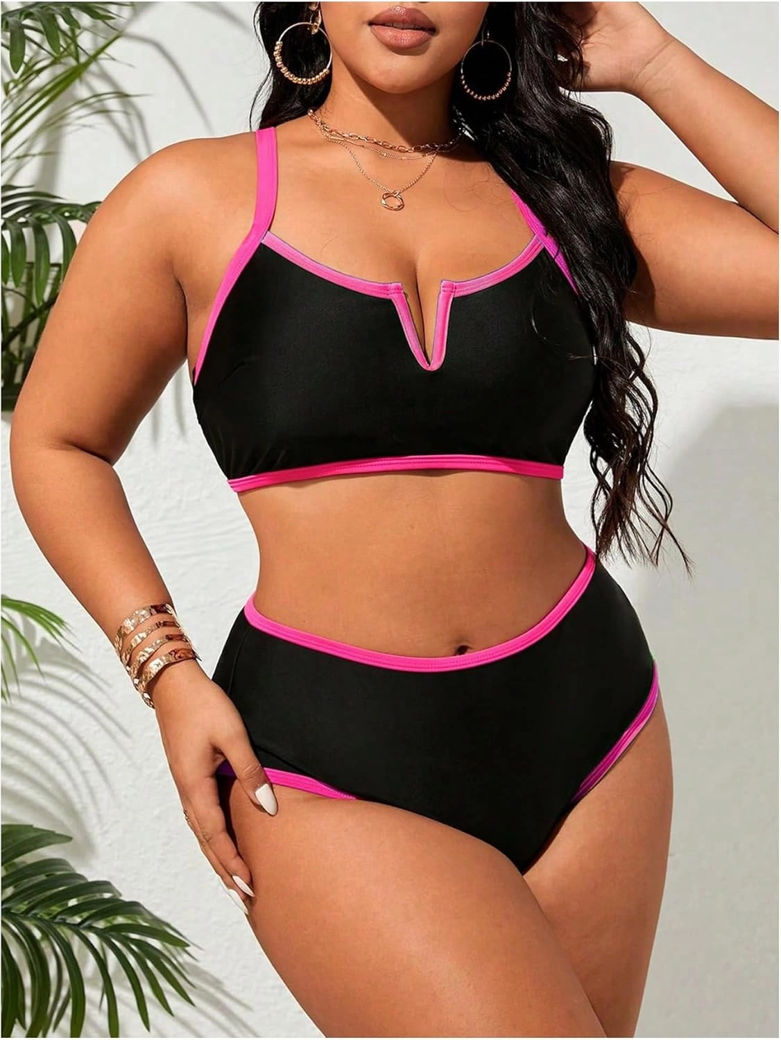 Floerns Women's Plus Size Bikini Set V Wired Contrast Binding High Waist Beachwear
