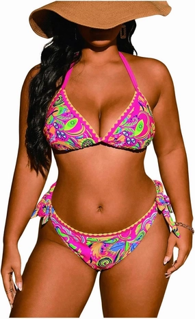 Floerns Women's Plus Size Boho Bikini Set Printed Halter Tie Side Thong 2 Piece Bathing Suit