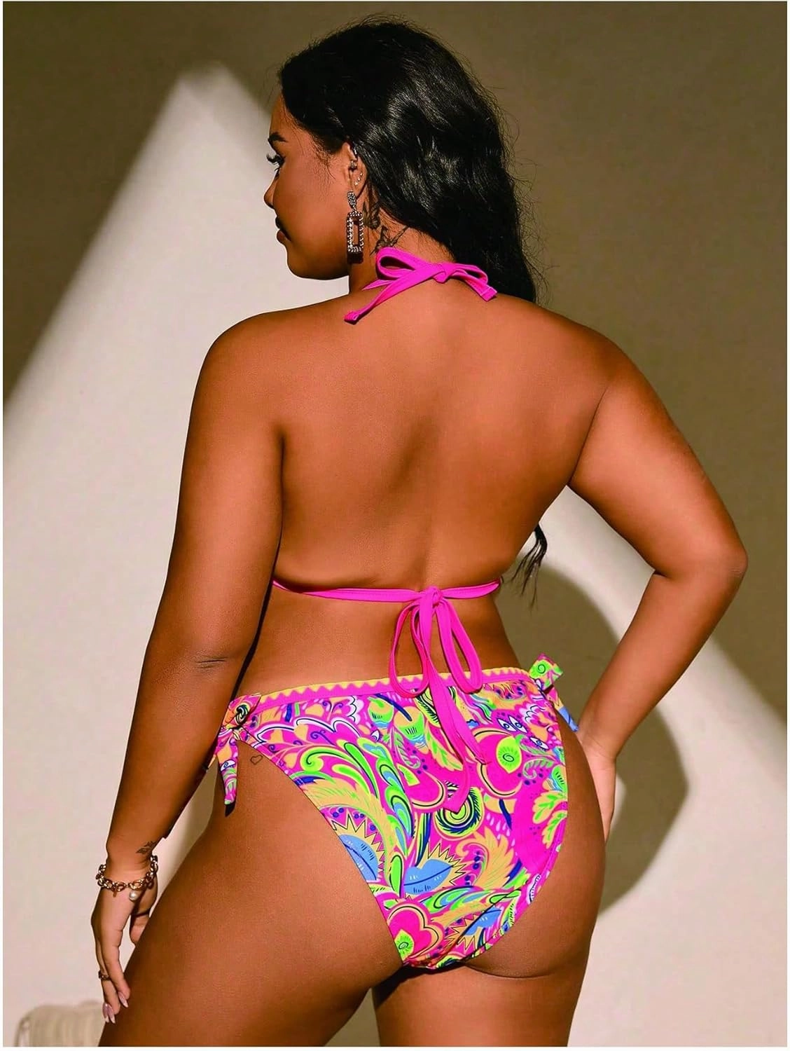 Floerns Women's Plus Size Boho Bikini Set Printed Halter Tie Side Thong 2 Piece Bathing Suit