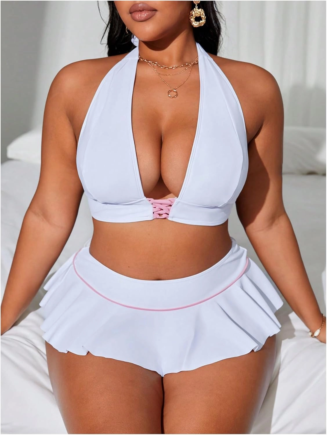 Floerns Women's Plus Size Cherry Halter Bikini Set Layered Hem Skirts Bathing Suit