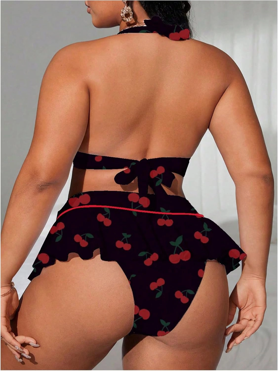 Floerns Women's Plus Size Cherry Halter Bikini Set Layered Hem Skirts Bathing Suit