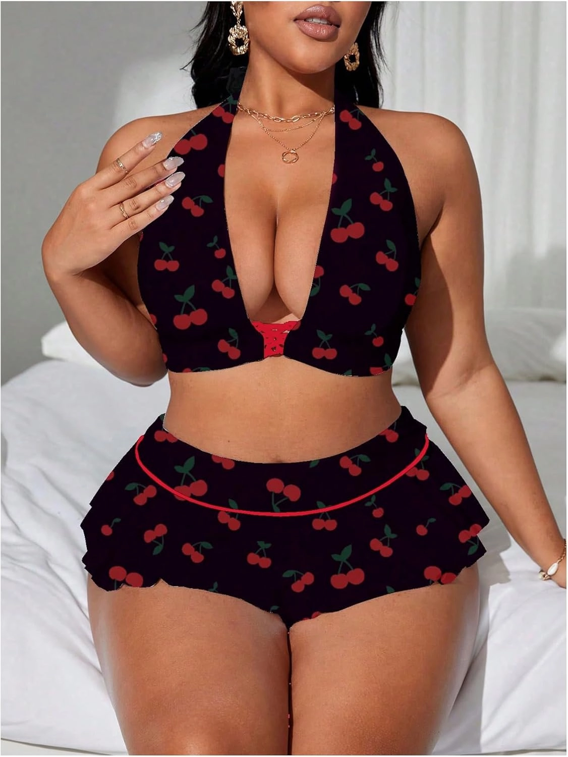 Floerns Women's Plus Size Cherry Halter Bikini Set Layered Hem Skirts Bathing Suit