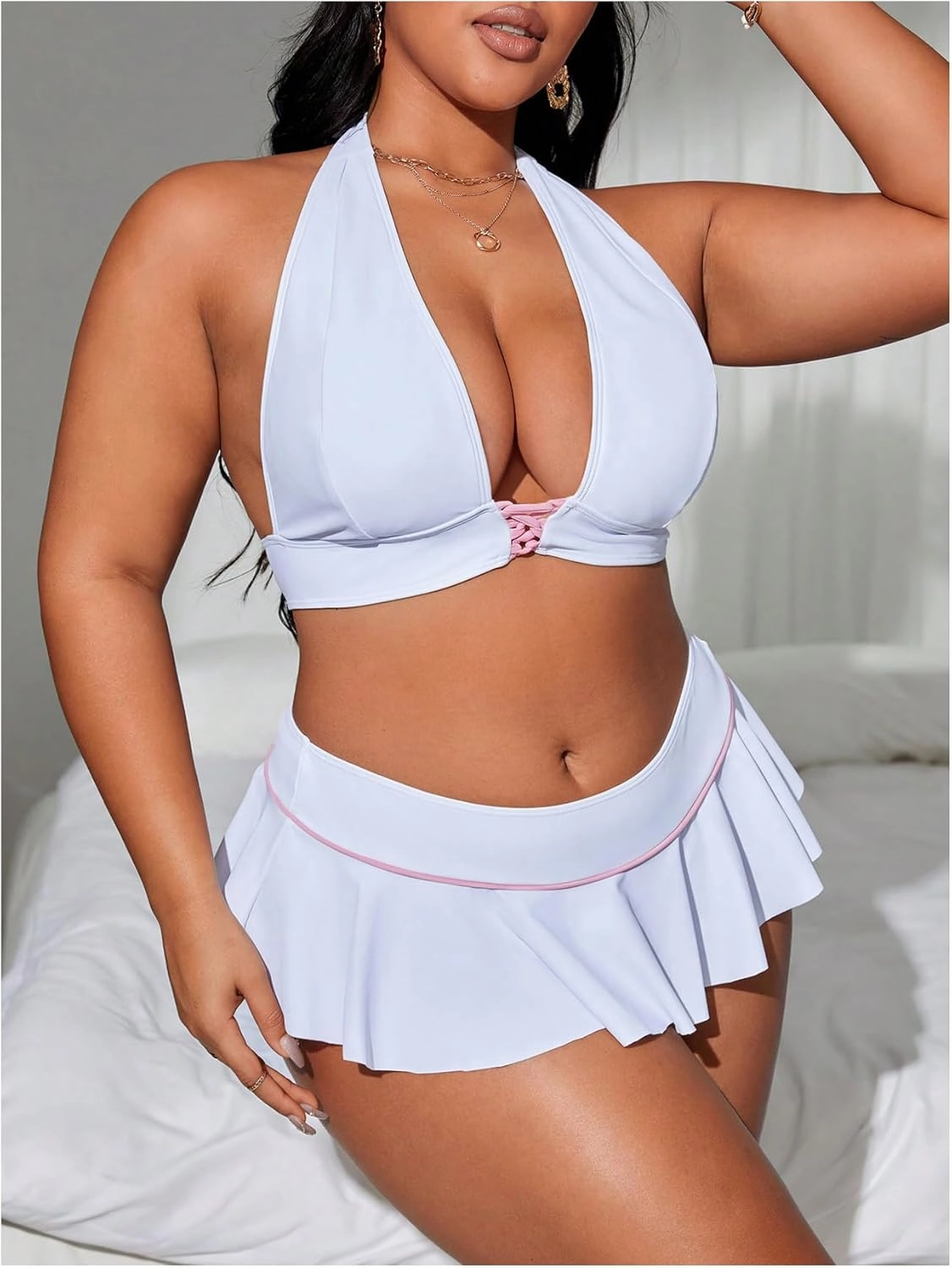 Floerns Women's Plus Size Cherry Halter Bikini Set Layered Hem Skirts Bathing Suit