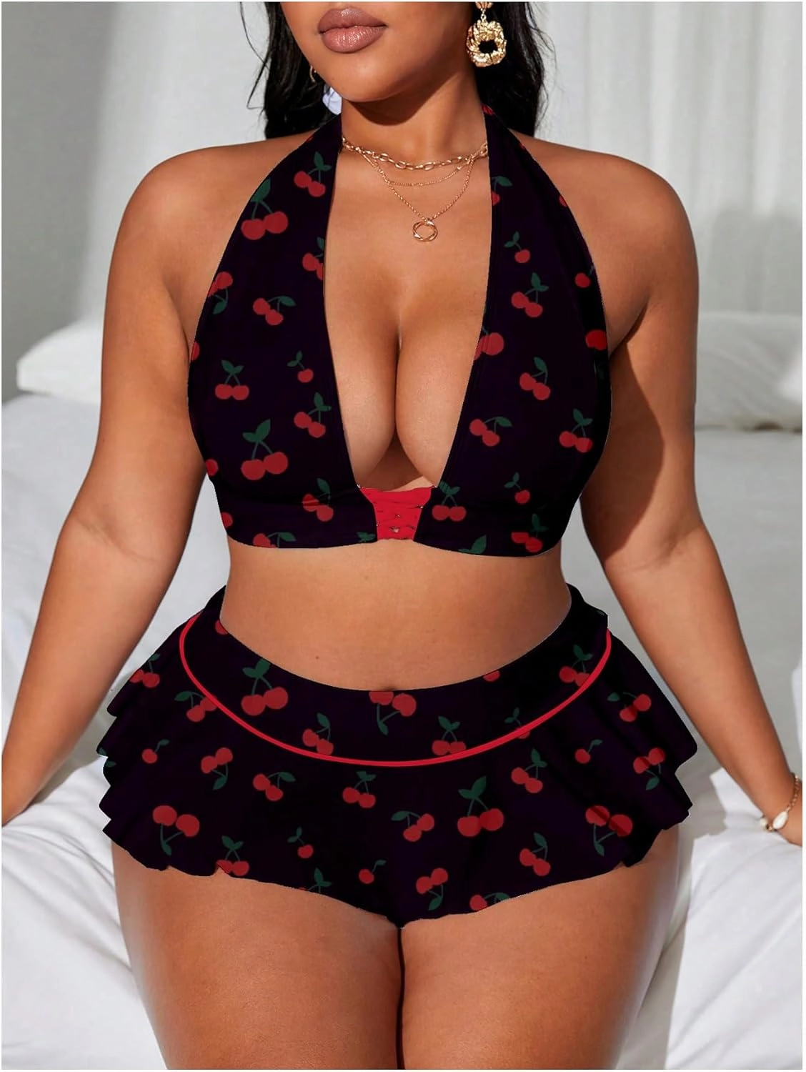 Floerns Women's Plus Size Cherry Halter Bikini Set Layered Hem Skirts Bathing Suit
