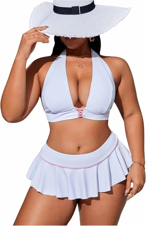 Floerns Women's Plus Size Cherry Halter Bikini Set Layered Hem Skirts Bathing Suit