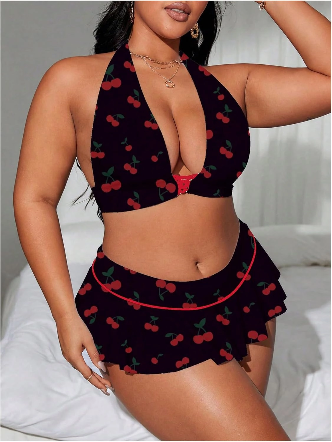 Floerns Women's Plus Size Cherry Halter Bikini Set Layered Hem Skirts Bathing Suit