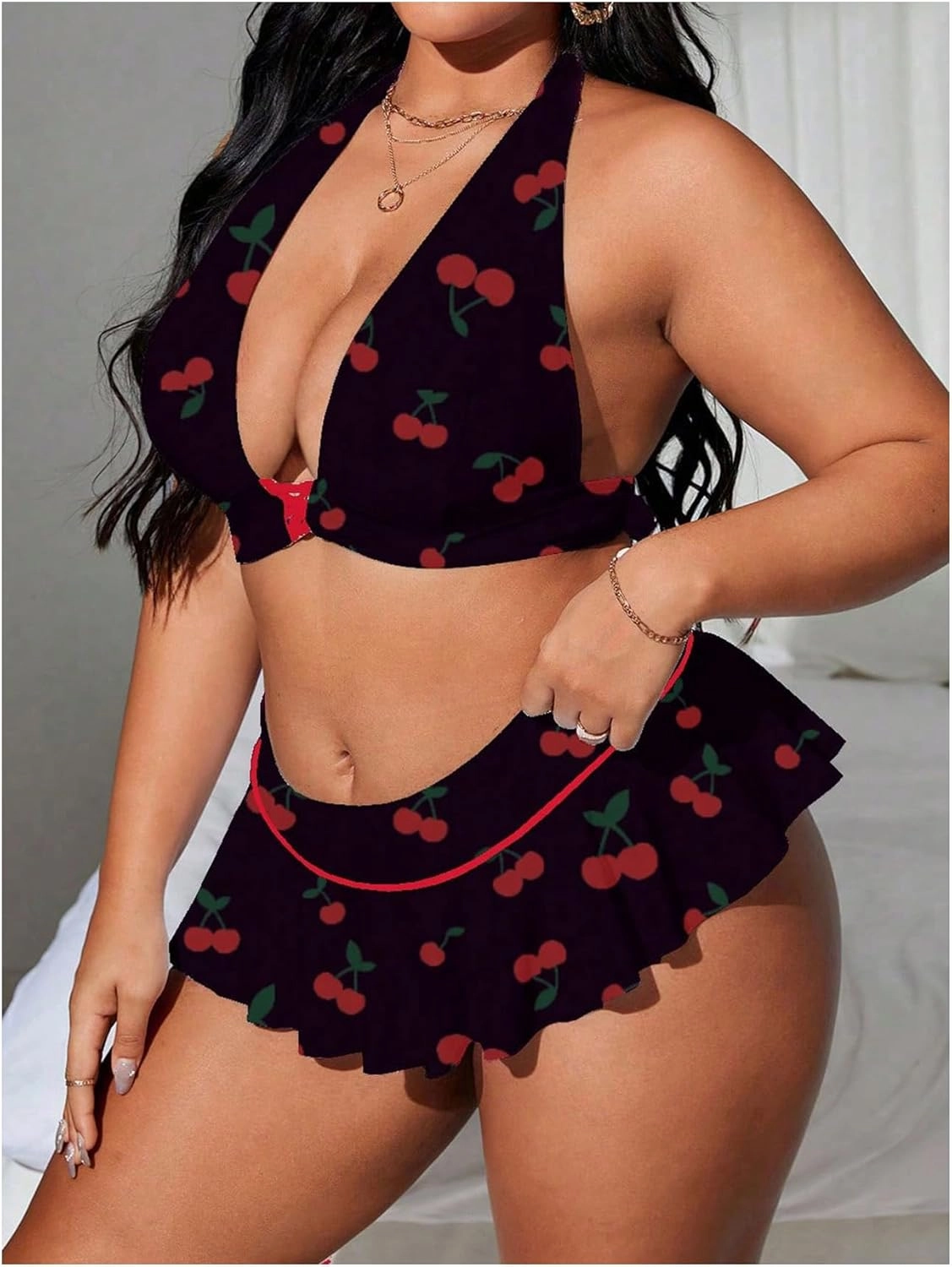 Floerns Women's Plus Size Cherry Halter Bikini Set Layered Hem Skirts Bathing Suit