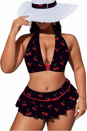 Floerns Women's Plus Size Cherry Halter Bikini Set Layered Hem Skirts Bathing Suit