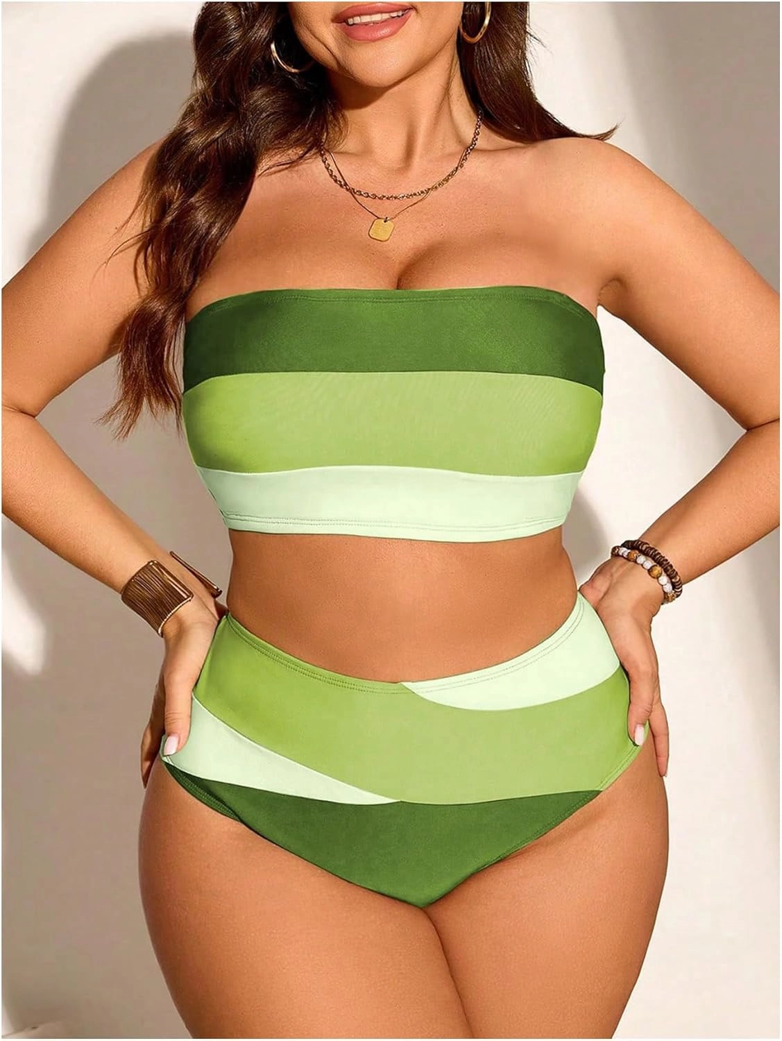Floerns Women's Plus Size Colorblock Bandeau Bikini Set High Waisted Beachwear