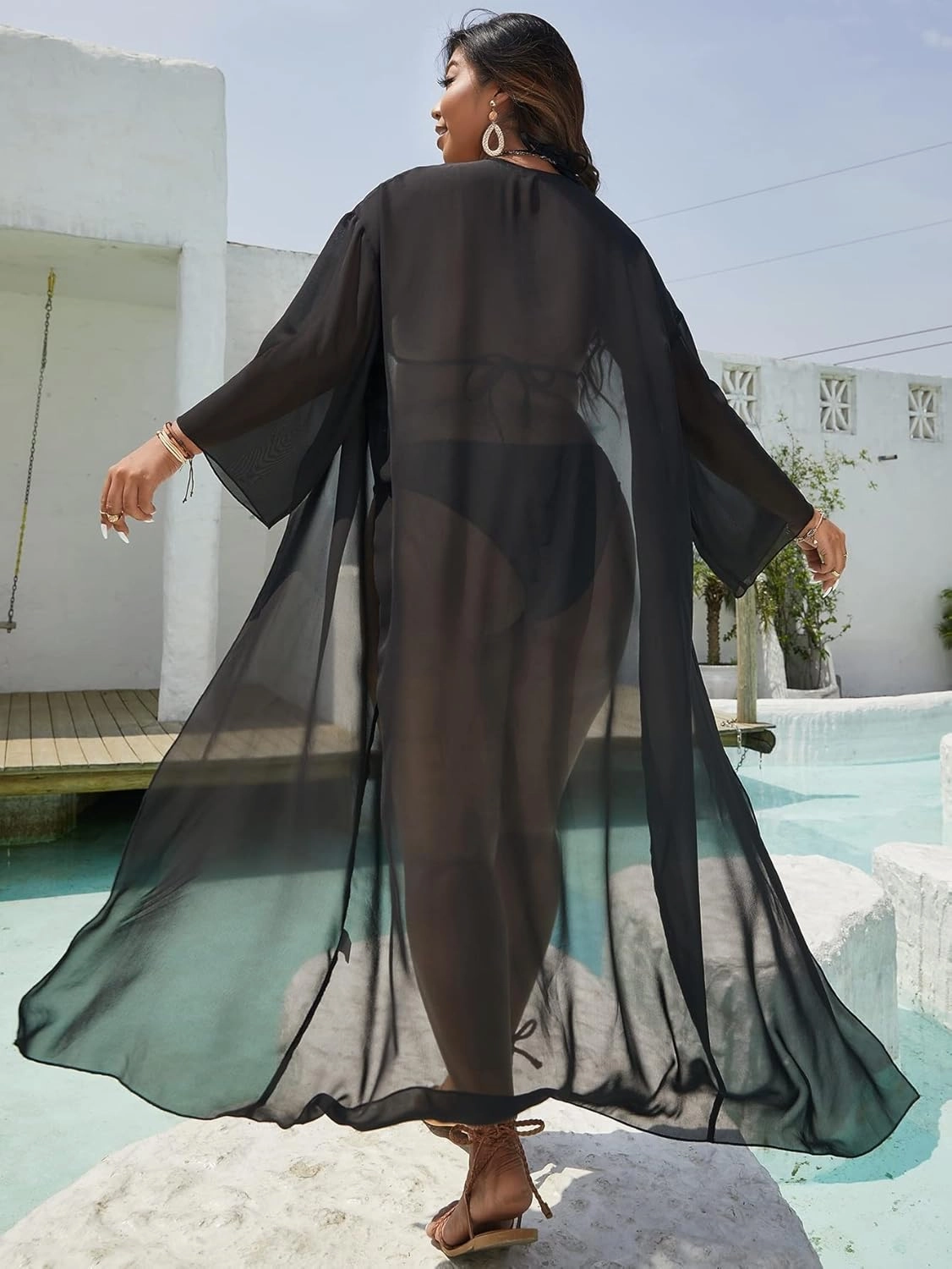 Floerns Women's Plus Size Long Sleeve Sheer Mesh Swimwear Kimono Cardigan