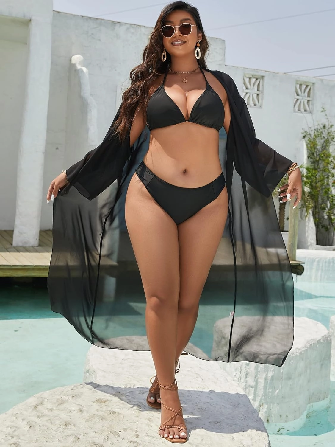 Floerns Women's Plus Size Long Sleeve Sheer Mesh Swimwear Kimono Cardigan