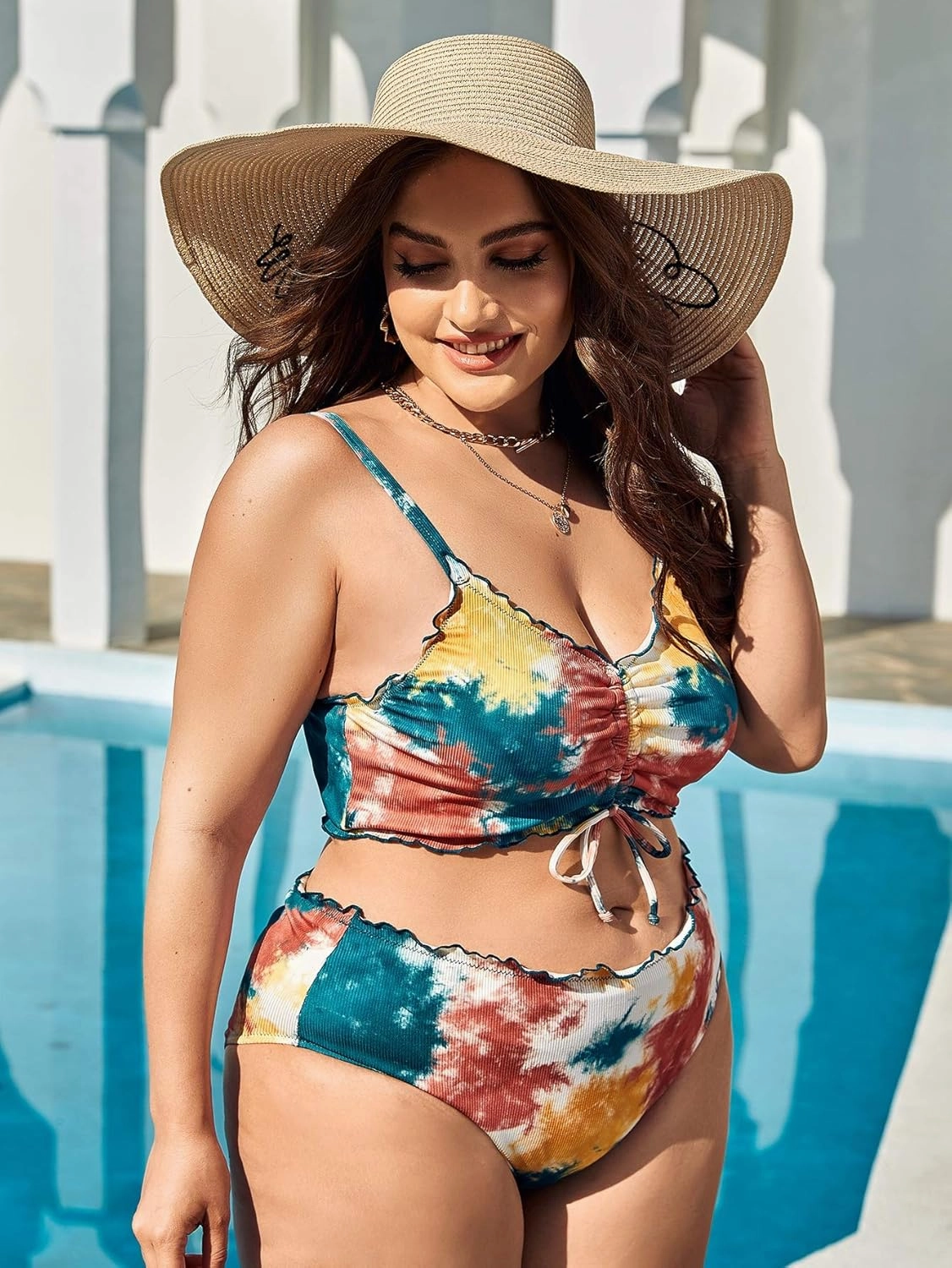 Floerns Women's Plus Size Tie Dye Rib Knit Ruched Drawstring Bikini Swimsuit
