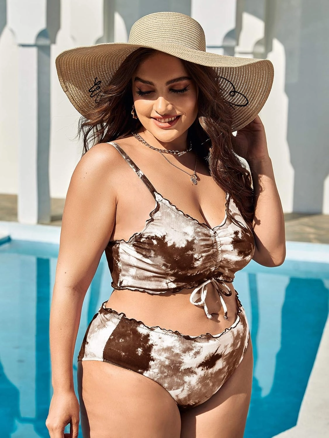 Floerns Women's Plus Size Tie Dye Rib Knit Ruched Drawstring Bikini Swimsuit