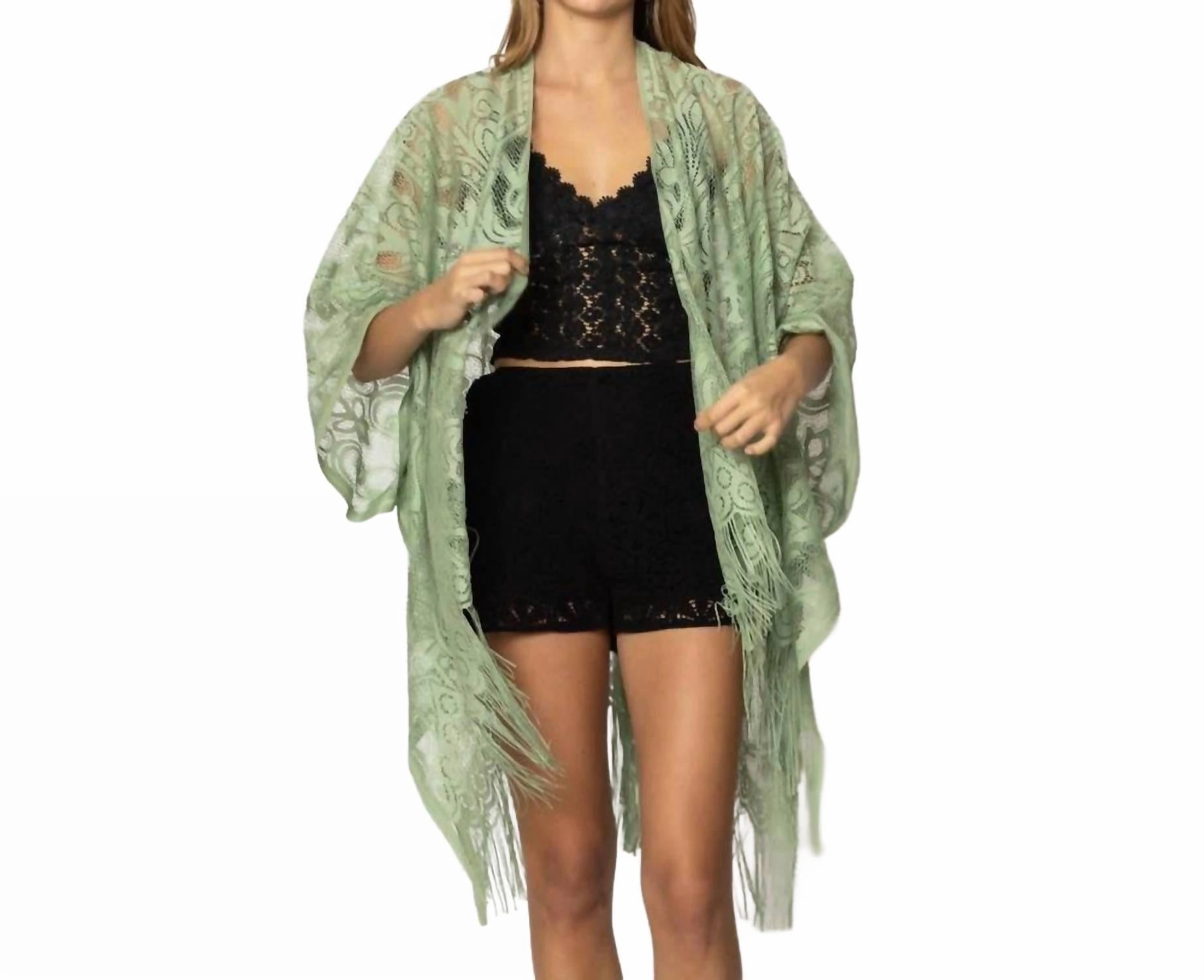 Floral Lace Fringe Boho Kimono Wrap Shawl Cover Up In Sage Green