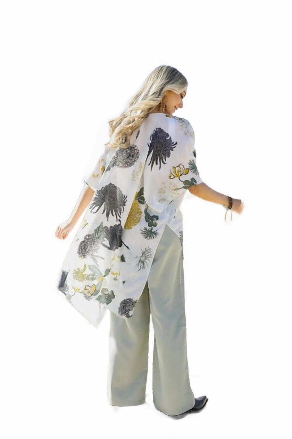 Floral Motif Boho Festival Cover Up Kimono In White