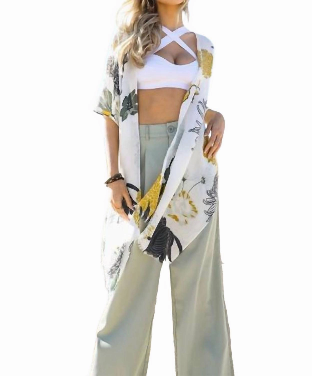 Floral Motif Boho Festival Cover Up Kimono In White