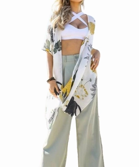 Floral Motif Boho Festival Cover Up Kimono In White