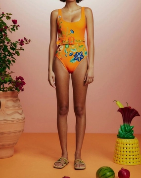 Flores Belted One Piece Swimsuit In Tangerine
