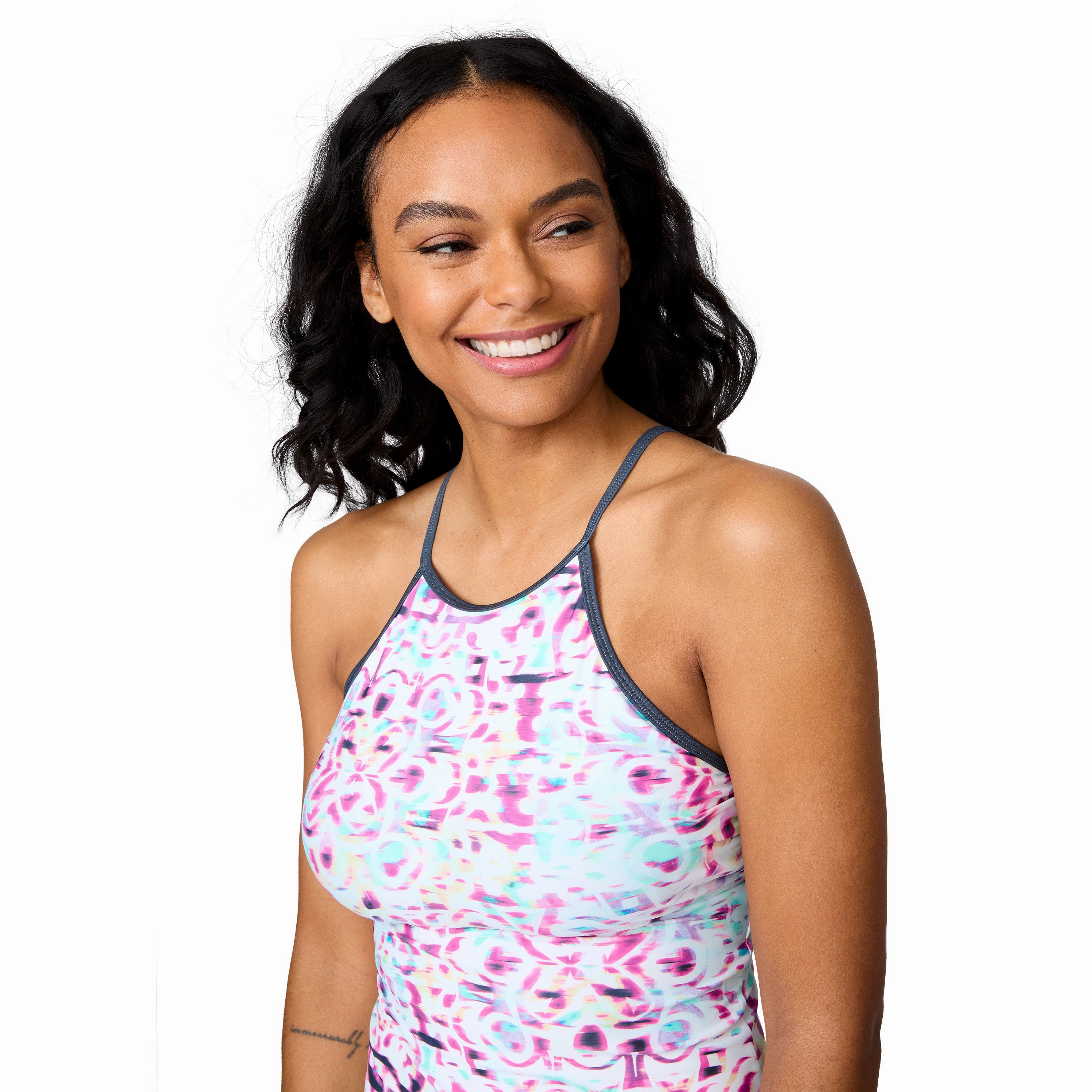 Free Country Women's High Neck Macrame Back Tankini Top