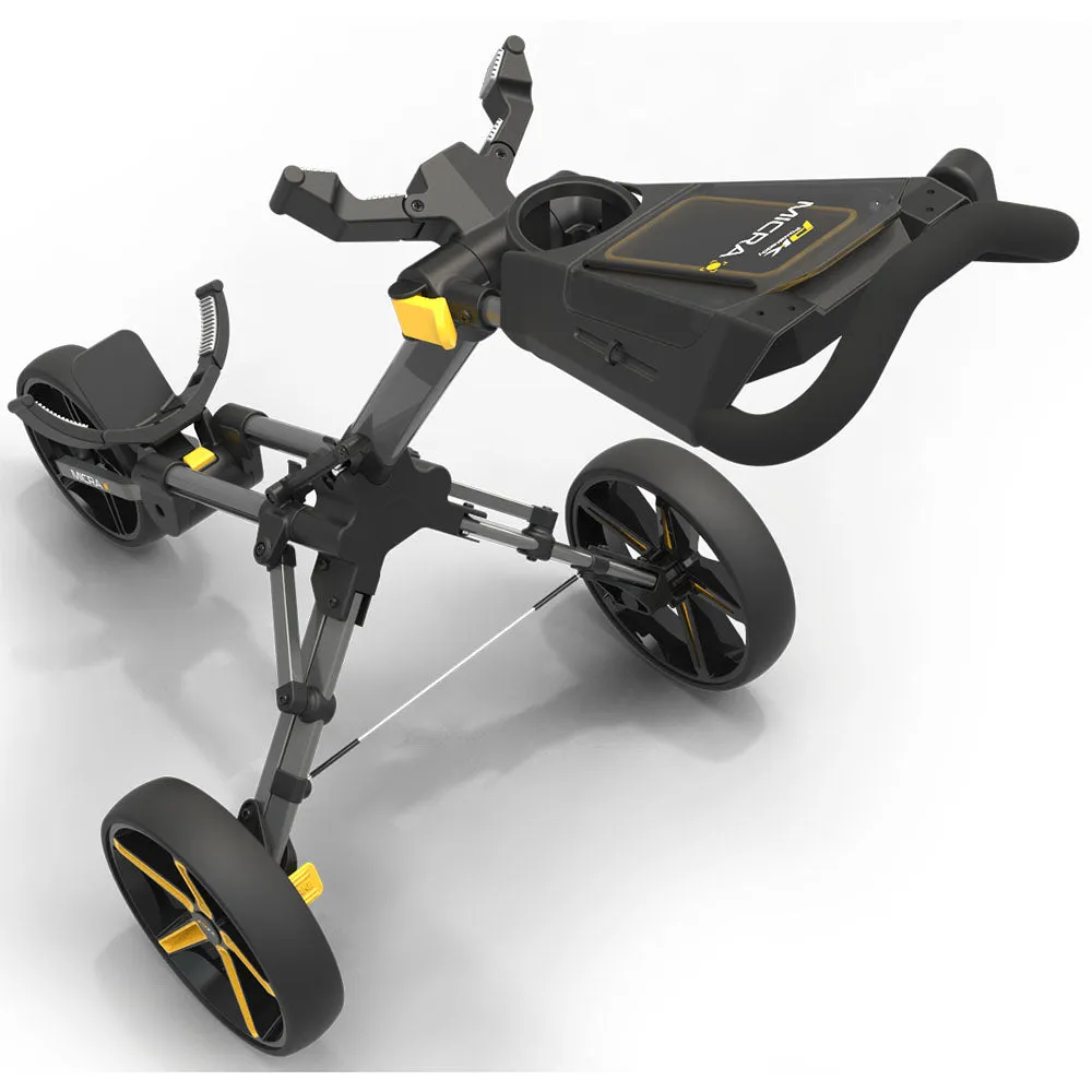 PowaKaddy Micra 3-Wheel Push Trolley - Gunmetal/Yellow, Golf shaft flex chart, Golf ball beer cooler